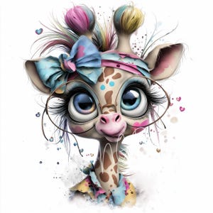 May include: A whimsical illustration of a giraffe with large blue eyes, wearing a blue bow, glasses, and a colorful headband. The giraffe has brown spots and is adorned with pink, blue, and yellow accents. The artwork has a watercolor style with heart-shaped details.