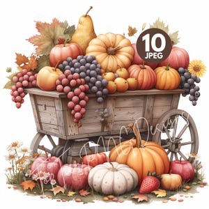 Autumn Garden Clipart Set, 10 High Quality 300 DPI JPGs, Harvest Cart Pumpkins Fruits Grapes Fall Leaves Rustic Thanksgiving Decor