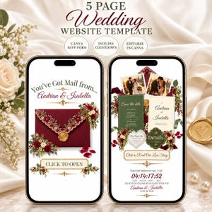May include: A 5-page wedding website template displayed on two smartphones. The screens show a burgundy envelope graphic with floral accents, text reading 'You've Got Mail from... Andrian & Isabella', and a countdown timer for the wedding date.