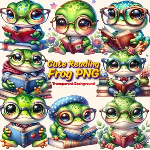 Bookish Frog Clipart, Cute Frog Reading PNG, Funny Frog Sticker Design, Book Lover Sublimation Art, Digital Download for Crafts