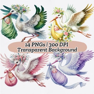 Aquarel ooievaar baby clipart, schattige ooievaar met baby clipart, baby aankomst bundel, kaarten maken, kinderkamer kunst aan de muur, digitale scrapbooking