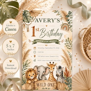 May include: A 5 x 7 inches birthday invitation card featuring watercolor illustrations of a lion, elephant, giraffe, and zebra. The text reads Avery's 1st Birthday, Join us for a wild adventure, Saturday, September 19, 2026, 3:00 PM, 123 Safari Lane, Quezon City, RSVP: Mom Anna 0917 555 1234, and Wild One.