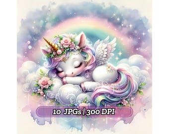 Può includere: Un unicorno bianco con una criniera e una coda arcobaleno sta dormendo su una nuvola bianca e soffice. L'unicorno ha un corno d'oro, una corona di fiori rosa e ali bianche. Lo sfondo è un acquerello morbido di colore viola e blu con un arcobaleno e stelle.