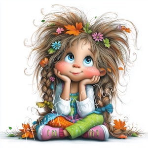 K&ouml;nnte beinhalten: Eine skurrile Illustration eines M&auml;dchens mit braunem Haar, das mit Blumen und Herbstbl&auml;ttern geschm&uuml;ckt ist. Sie hat rosige Wangen, blaue Augen und tr&auml;gt ein farbenfrohes Outfit. Das M&auml;dchen sitzt im Schneidersitz, st&uuml;tzt das Kinn auf ihre H&auml;nde und blickt nach oben.