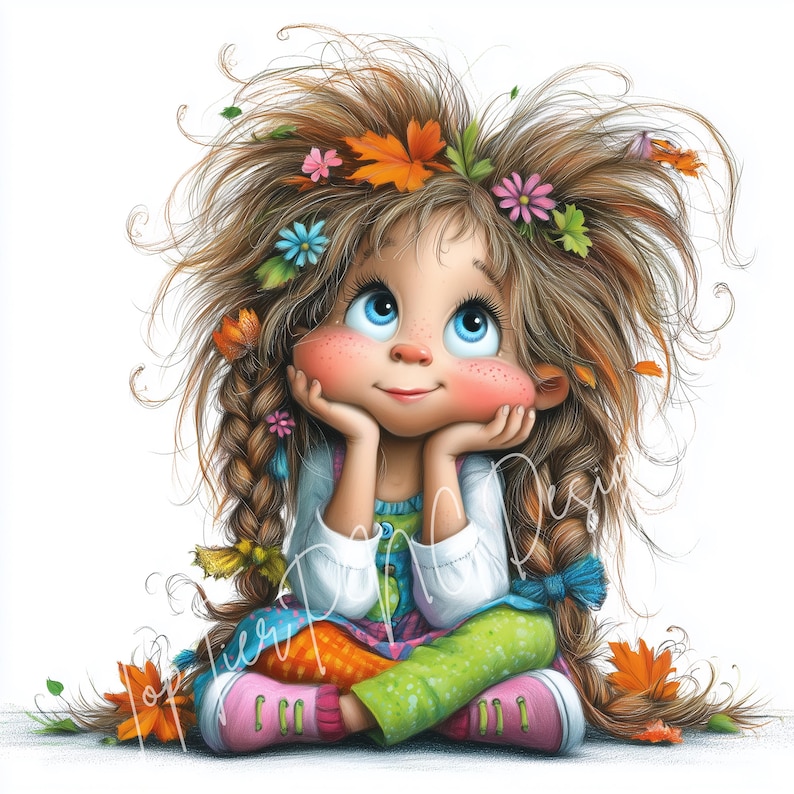 K&ouml;nnte beinhalten: Eine skurrile Illustration eines M&auml;dchens mit braunem Haar, das mit Blumen und Herbstbl&auml;ttern geschm&uuml;ckt ist. Sie hat rosige Wangen, blaue Augen und tr&auml;gt ein farbenfrohes Outfit. Das M&auml;dchen sitzt im Schneidersitz, st&uuml;tzt das Kinn auf ihre H&auml;nde und blickt nach oben.