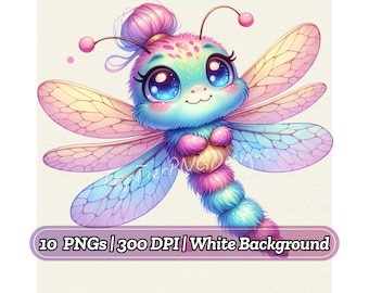 Watercolor Cute Dragonfly Clipart, Dragonfly Lover Bug Birthday Bundle, Spring Summer Nursery Sublimation, Cute Insect, for Commercial Use