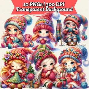 10 häkeln Gnome Clipart PNG, Stricken Gnom Bundle, Aquarell niedlichen Zwerge, Scrapbook Digital Download, Kartenherstellung Junk Journal