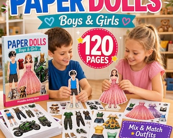 Ausmalpuppe zum Ausdrucken, 120 Seiten, Jungen- und Mädchen-Outfits zum Kombinieren, Kinder-Aktivitätsbuch (digitaler Download)