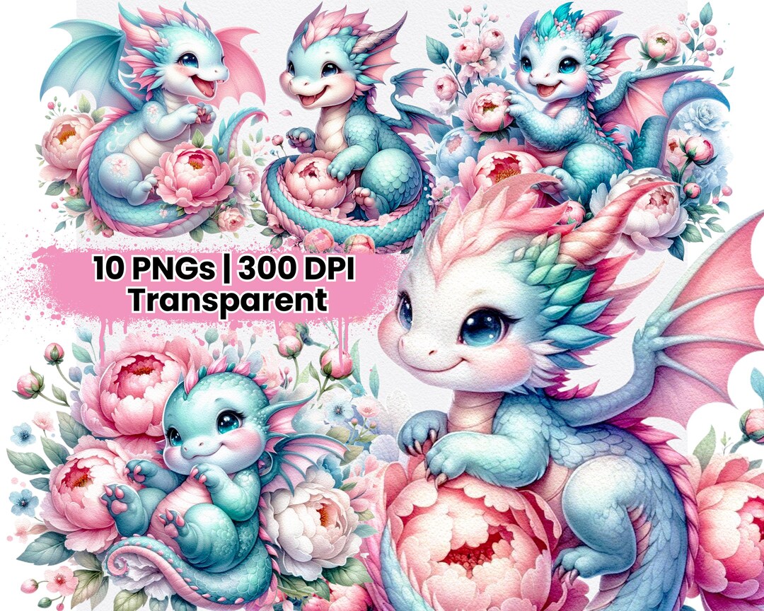 Watercolor Baby Dragon Clipart Bundle: Floral Fantasy PNG (digital ...