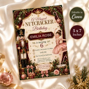 Könnte beinhalten: Eine 5 x 7 Zoll große Geburtstagseinladungskarte mit einem Nussknacker und einer Ballerina. Der Text lautet A Magical NUTCRACKER Birthday, EMILIA ROSE is turning 6, Sunday, December 14, 2026, 2:00 PM, The Grand Fir Ballroom, 123 Evergreen Lane.