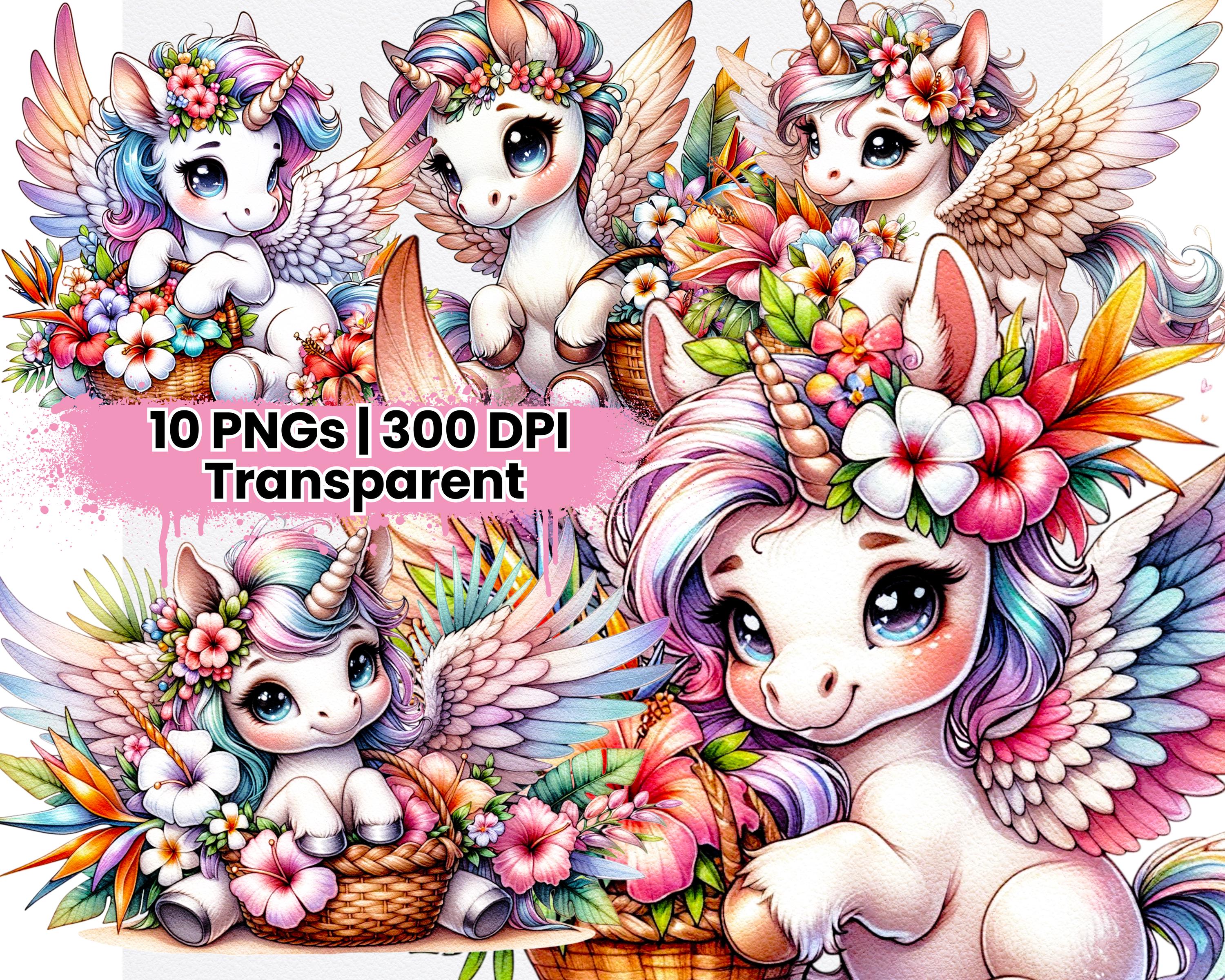 Watercolor Unicorn Clipart Bundle: Tropical Jungle Flowers (JPG Digital Download