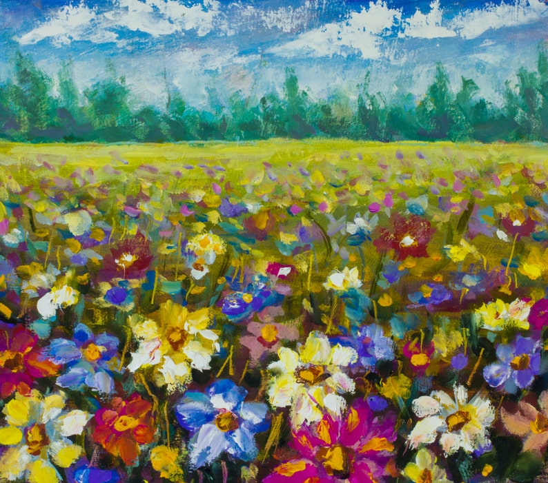 Flowers oil painting Flowers field. ORIGINAL Palette knife painting. Modern Contemporary painting flowers. Texture Landscape Art on canvas!