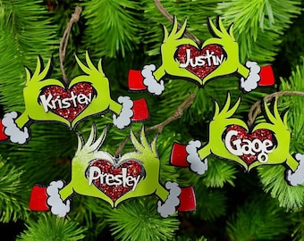 Grinch Hand Ornament Who-ville Mount Crumpit wood sign stocking sign, laser cut, Christmas decor, Christmas grinch personalized ornament