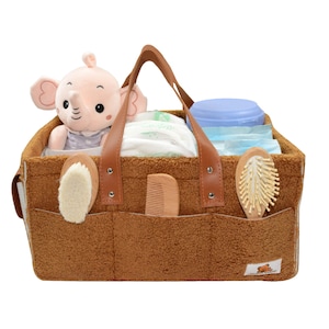 Plush Teddy Baby Diaper Caddy - Organizer, Baby Storage Basket for Diapers and Baby Wipes, Car Caddy Organizer, Nursery Diaper Organizer
