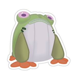 May include: A sticker featuring a cartoon frog with a grumpy expression. The frog is primarily green with a white belly, pink eyes, and orange feet. The sticker has a white border.