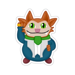 Könnte beinhalten: Aufkleber mit einer cartoonartigen, katzenähnlichen Figur mit braunem Fell, grünen Augen und einer rosa Nase. Die Figur trägt einen blauen Anzug mit weißem Hemd, grüner Krawatte und einem goldenen Ring. Der Aufkleber hat einen weißen Rand.