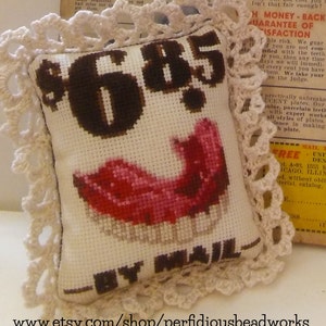 May include: A white pillow with a crocheted border, featuring a cross-stitch design of a pink and red mouth with teeth. The pillow has the text "$6.85" and "By Mail" stitched on it.