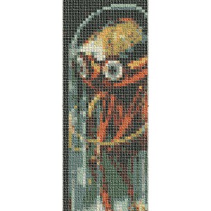 Może przedstawiać: Gobelin z koralików z kolorowym wzorem przedstawiającym osobę w czerwono-żółtym stroju. Gobelin jest wykonany z małych koralików i ma fakturowaną powierzchnię.