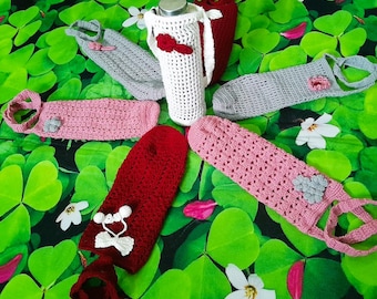 DEEMO handmade crochet super soft flowery water bottle covers in multiple gracing colors.