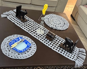 DEEMO handmade grey crochet  Table runner 250cm( L) with minimal 6Pc