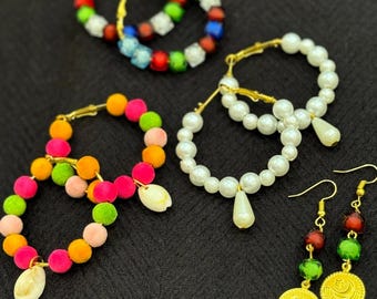 DEEMO hand made cultured pearls, plastic beads, and chrochia hoop earrings