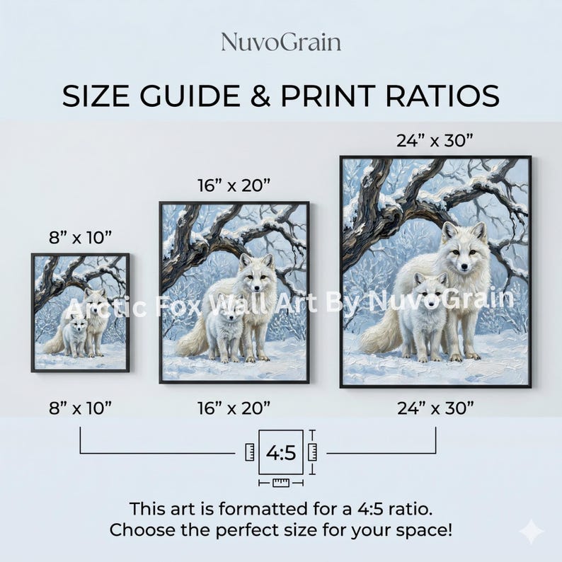 Impasto Arctic Fox Mother Cub Print, Snowy Forest Wildlife Nature