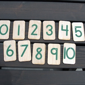 May include: Ten wooden cards with numbers 0 through 10 written in green on them. The cards are arranged in a row on a dark brown wooden surface.