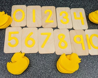 Yellow Felt Math Duck work.  Numbers 0-10 on 3x5 birch wood and counters,  Montessori, teaching supplies, preschool, kindergarten, sensory