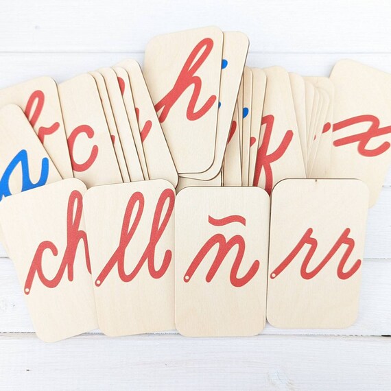 SPANISH Lowercase Cursive Sandpaper Letters on 3x5 inch Birch wood boards,  Montessori, teaching supplies, preschool, kindergarten