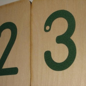 Puede incluir: Dos bloques de madera con los n&uacute;meros 2 y 3 impresos en verde. Los n&uacute;meros est&aacute;n delineados en blanco.