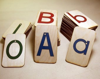 Sandpaper Letters, Uppercase, Lowercase and Numbers 0-10 mounted on 3"x5"Birch With storage boxes,  Montessori, teaching supplies, preschool