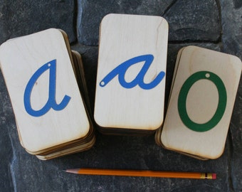 Sandpaper Letters Cursive Set: Uppercase Cursive, Lowercase Cursive and Numbers 0-10 on 3x5 inch Birch wood,  Montessori, teaching supplies