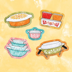 May include: Five vintage-style kitchenware stickers featuring various casserole dishes and a baking dish. The stickers are in a variety of colors, including red, orange, yellow, green, blue, and pink. Each sticker features a different floral or geometric design. The stickers are perfect for adding a touch of retro charm to any kitchen.