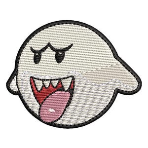May include: A white ghost with a black outline and a red and pink tongue sticking out. The ghost has a mischievous expression with two black eyes and a wide open mouth with sharp teeth.