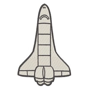 May include: Embroidered patch of a space shuttle in a light beige colour with dark grey outlines. The shuttle has a detailed design with wings and multiple rectangular windows. The patch is likely for clothing or accessories.