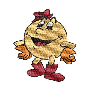 Può includere: Un personaggio dei cartoni animati giallo con un cappello rosso e guanti arancioni. Il personaggio sorride e ha un corpo grande e rotondo.