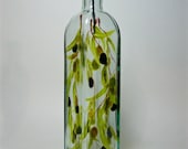 Olive oil dispenser bottle recycled glass with muted olives hand painted