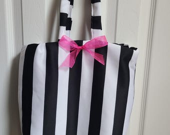 Black And White Stripe With Pink Bow Tote Bag