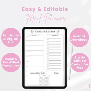 May include: A digital weekly meal planner template with sections for meal planning, shopping lists, eating habits and goals, and notes. The template is designed to be easily edited on Canva for free.
