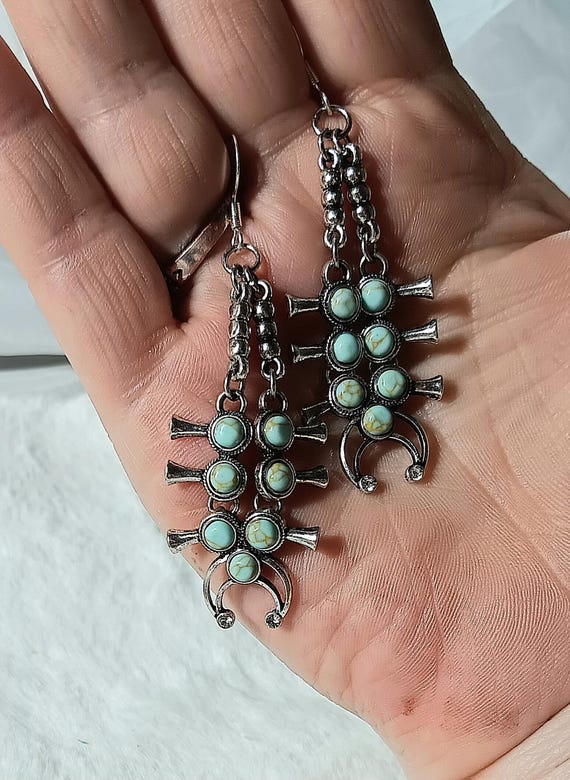 Silver Squash Blossom Drop Earrings Native American Inspired Turquoise Stones Southwestern Theme Cowgirl Gift Idea ear wire for pierced ears