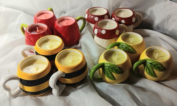Mini mug candles, lemon candle, strawberry candle, Bee candle, mushroom candle, adorable candles, fun gift idea, reusable mug/container.