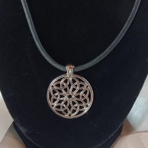 Celtic Heritage Jewelry, Silver Pendant Necklace, Black Leather Cord, Multiple Celtic Knots, Traditional Necklace, Celtic Revival art style