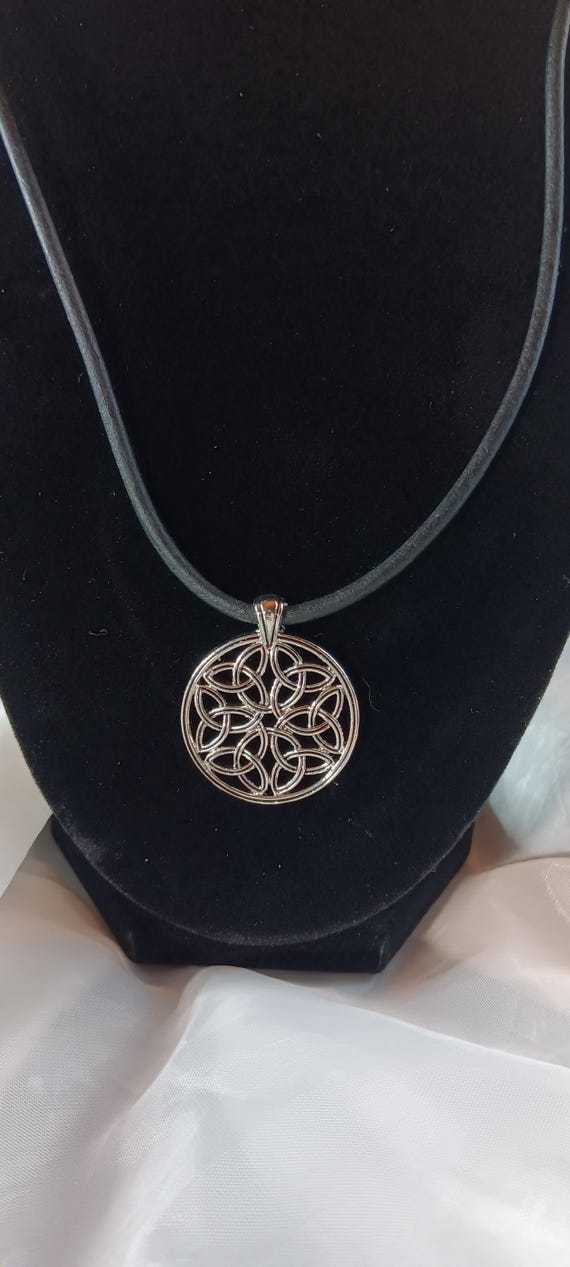 Celtic Heritage Jewelry, Silver Pendant Necklace, Black Leather Cord, Multiple Celtic Knots, Traditional Necklace, Celtic Revival art style