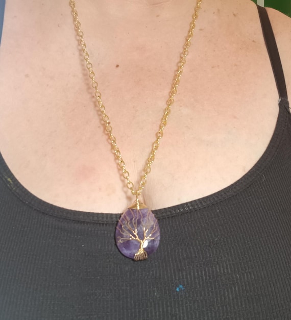 Oval Polished Amethyst Stone Pendant Necklace, Gold Tree of Life Wired, Large Link Gold Chain, Lobster Claw Clasp, Extender