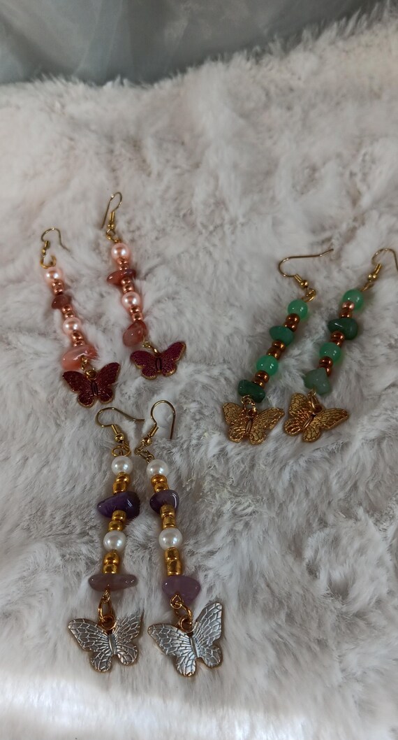 Butterfly dangle/drop earrings, pink butterfly earrings, gold butterfly earrings, green stones, white butterfly, purple stones, faux pearl