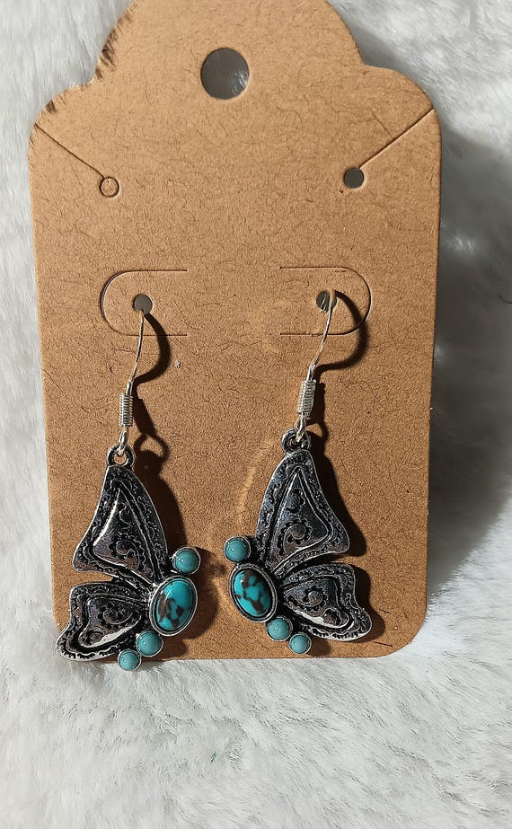 Silver Butterfly Drop Earrings Inlaid with Turquoise Stones Southwestern Theme Perfect Gift Idea nature inspired ear wire for pierced ears