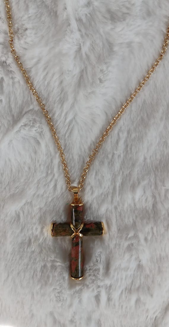 Cross Pendant Necklace Stone Cross Green Pink Cross Gold Chain Setting Christianity Inspired Necklace