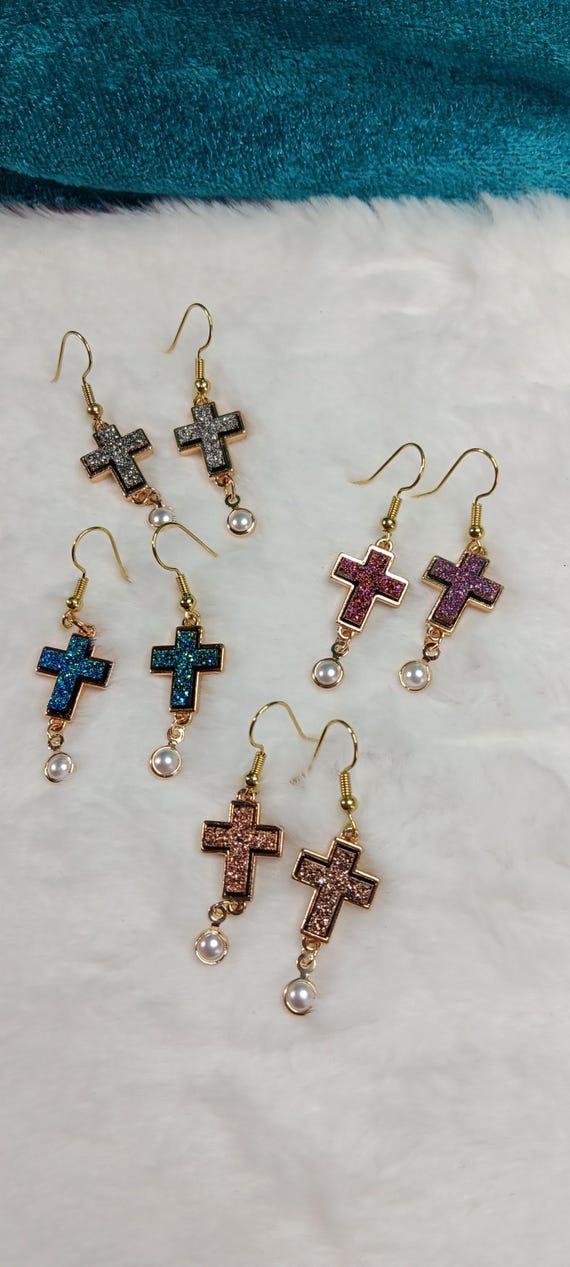 Druzy Cross earrings, colorful druzy, gold plated, Cross, earrings for pierced ears, beautiful Cross earrings
