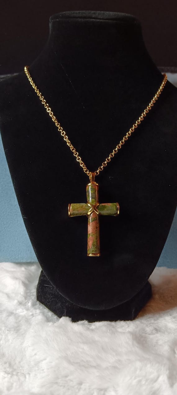 Stone Cross necklace, Green and pink color Cross, gold setting, gold chain, Communion gift.