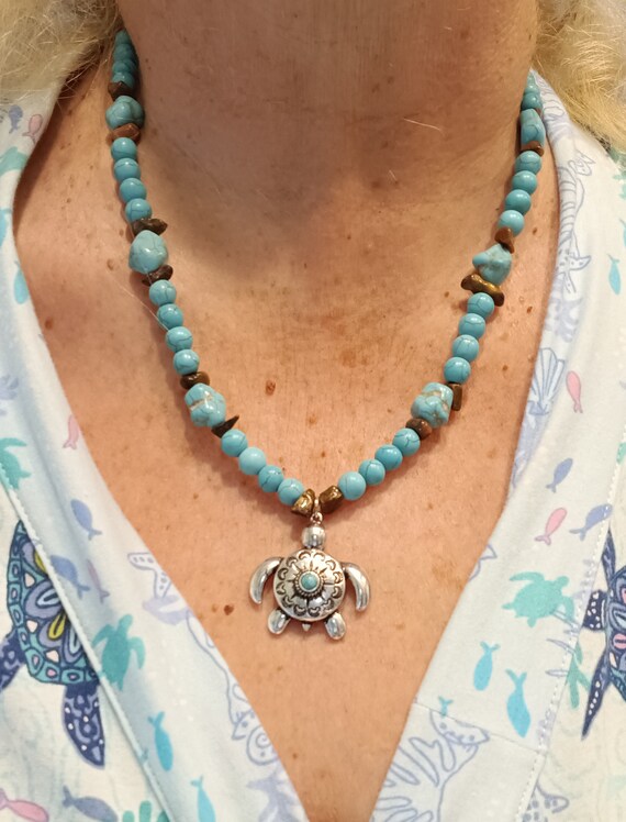 Silver Sea Turtle Pendant Necklace Turquoise Beads Southwestern Jewelry Bronze Stone Chips Nylon Cord Gift Boho Cowgirl gift idea Handmade